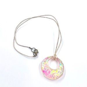 New / Hand Crafted - Pink & Cream Iridescent Round Pendant 16” Cord Necklace